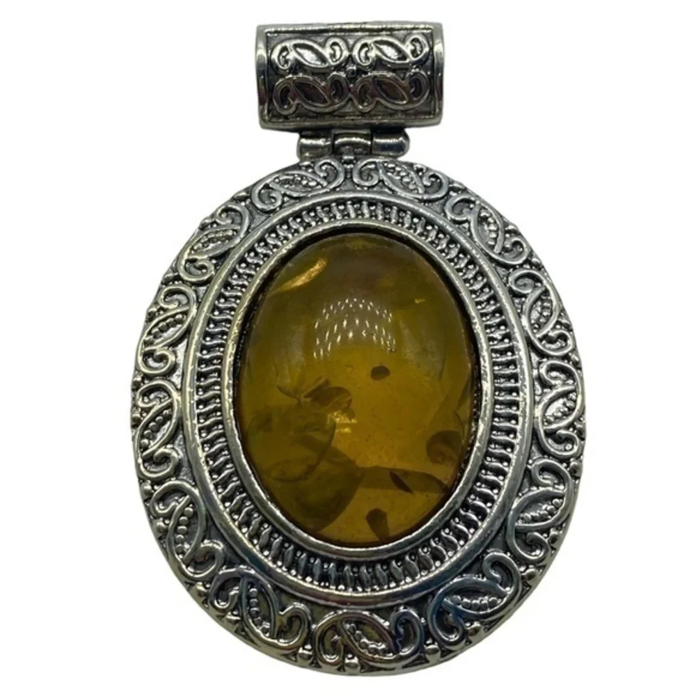 Pressed Amber Gemstone Sterling Silver 925 Pendant 2 5/8in